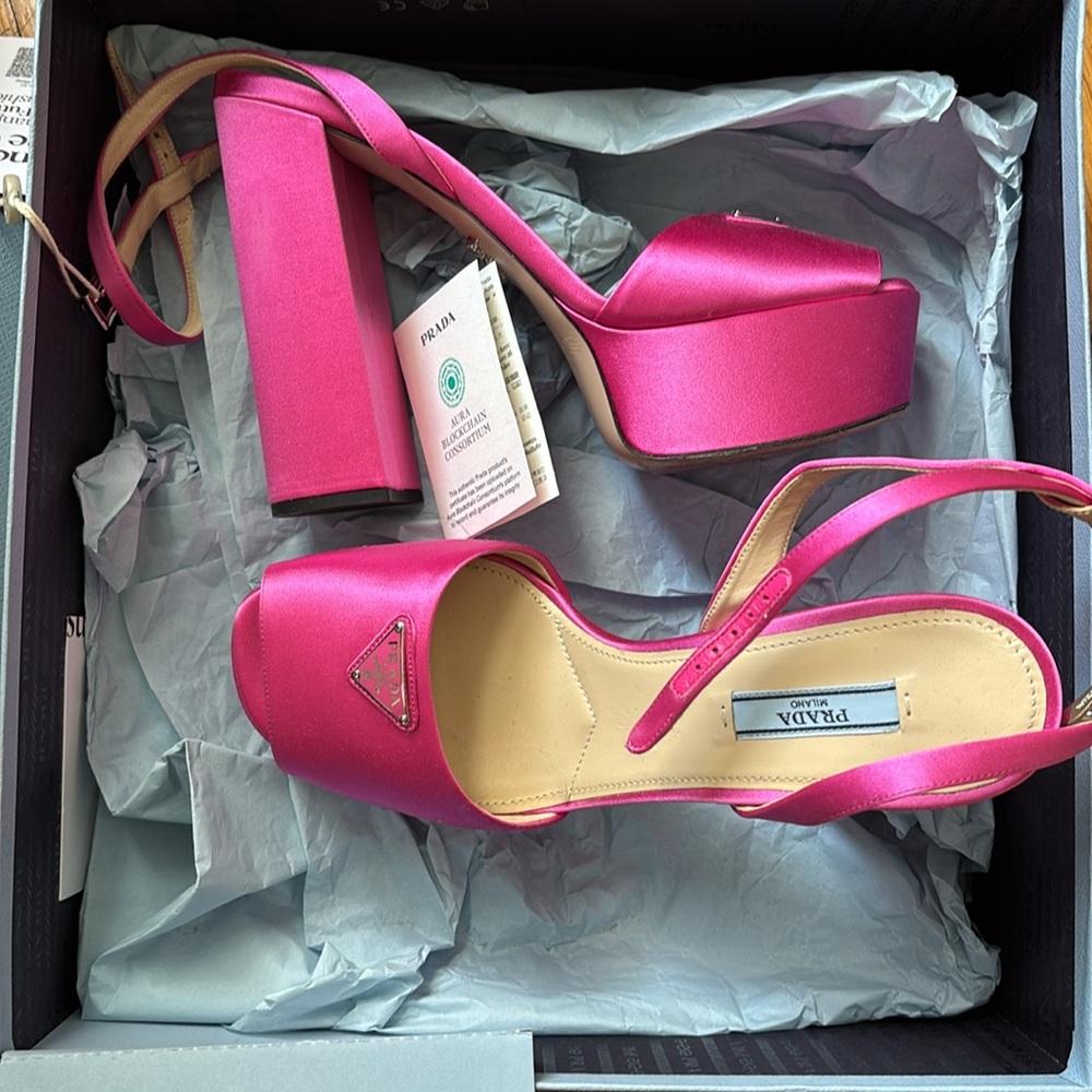 Prada Pink Platform Heels Logo Satin Sandals Open Toe 39.5